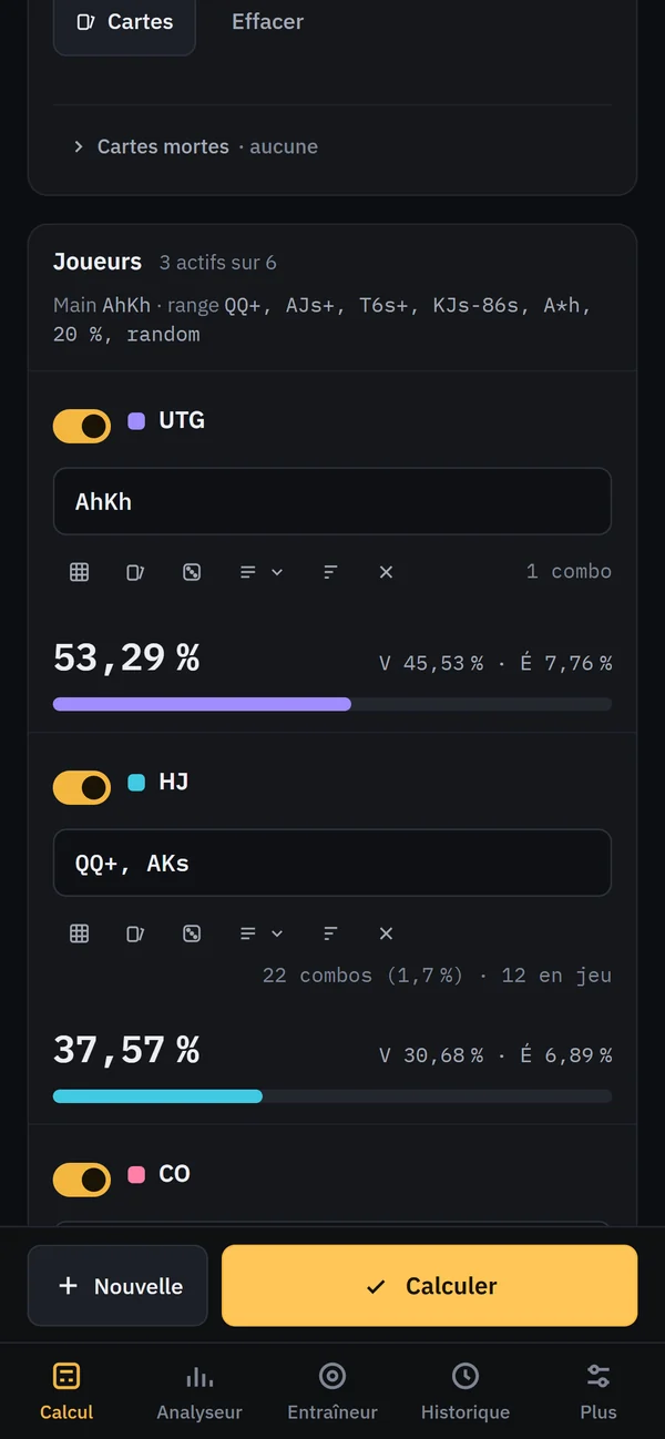 Équité sur téléphone : le calculateur, avec le résultat en bas de l’écran.